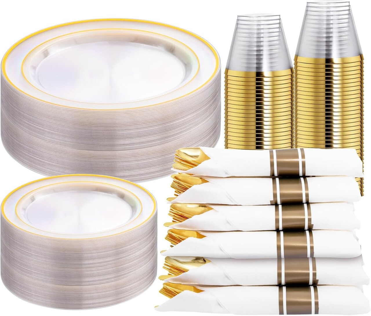 210PCS Clear-Gold Plastic Plates - Dinnerware Sets for 30 Guests - 60 Disposable Plates, 90 Plastic Silverware, 30 Cups, 30 Napkins for Party